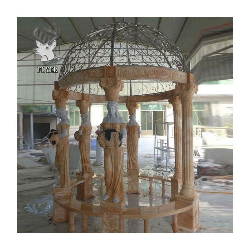 Outdoor Hand Carved Large Cheap Beige Stone Pavilion Solid Marble Garden Gazebo With Stone Columns