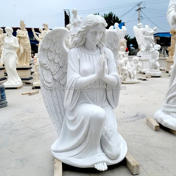 Western Style Hand Carving Natural White Marble Praying Angel With Wings Sculpture