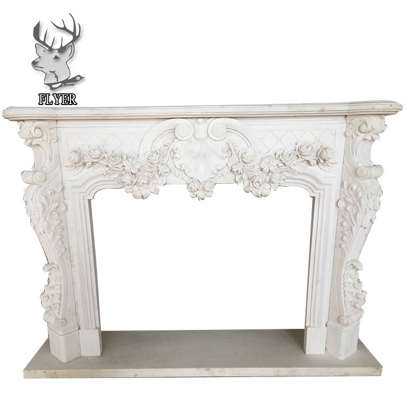 French style natural white marble freestanding stone home fireplace surround