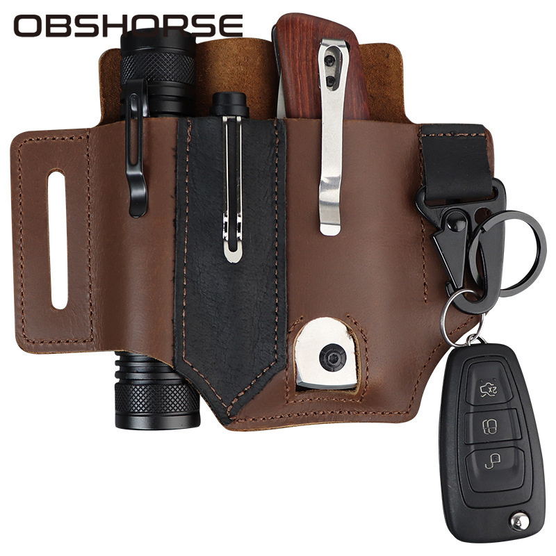 OBSHORSE Genuine Leather Edc Belt Loop Waist Multitool Sheath with Key Holder for Belt and Flashlight Sheath Multitool Pouch