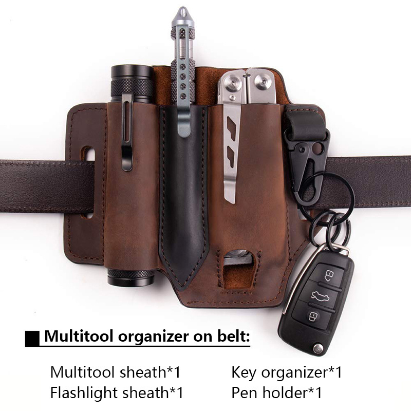 OBSHORSE Genuine Leather Edc Belt Loop Waist Multitool Sheath with Key Holder for Belt and Flashlight Sheath Multitool Pouch