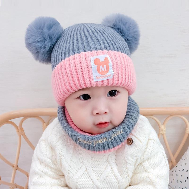 Baby cold hat for boys and girls baby kids warm Scarf Sets caps OEM autumn winter dome double hairball plush knit hats