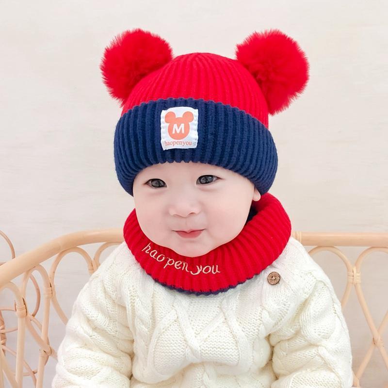 Baby cold hat for boys and girls baby kids warm Scarf Sets caps OEM autumn winter dome double hairball plush knit hats