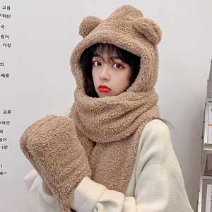 Autumn winter cute bear Warm Casual Plush scarf one three-piece hats women bib warm windproof ear Winter wool fluffy Beanie caps