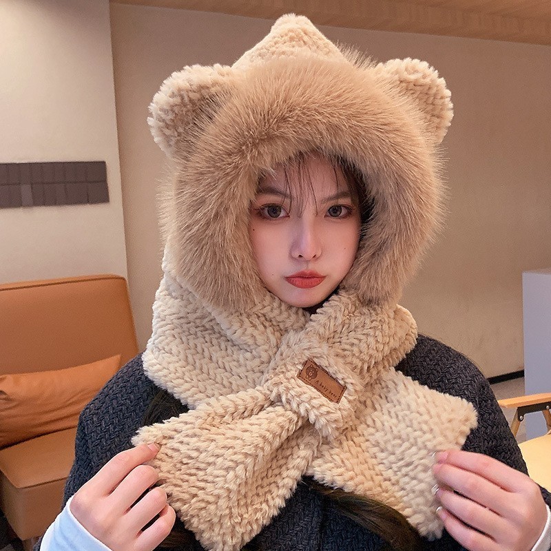 Autumn winter cute bear Warm Casual Plush scarf one three-piece hats women bib warm windproof ear Winter wool fluffy Beanie caps