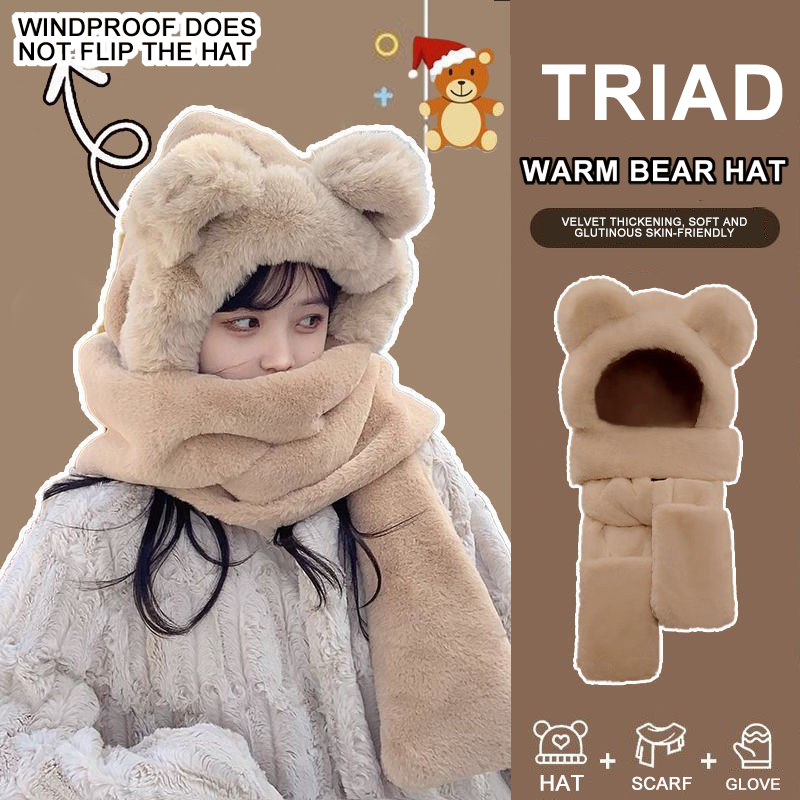 Autumn winter cute bear Warm Casual Plush scarf one three-piece hats women bib warm windproof ear Winter wool fluffy Beanie caps