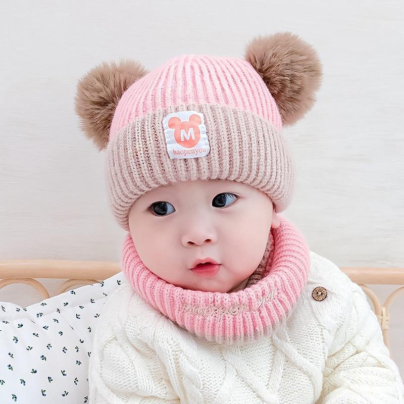 Baby cold hat for boys and girls baby kids warm Scarf Sets caps OEM autumn winter dome double hairball plush knit hats