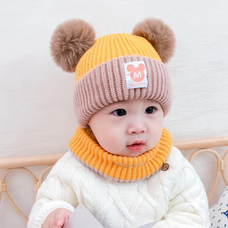 Baby cold hat for boys and girls baby kids warm Scarf Sets caps OEM autumn winter dome double hairball plush knit hats