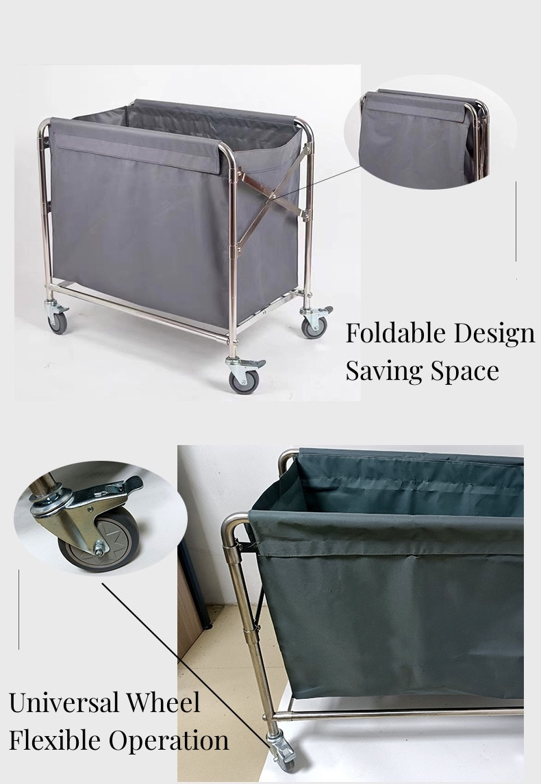 Popular Hotel Room Service Foldable Stainless Steel Laundry Dirty Clothes Universal Carts Housekeeping Linen Cleaning Cart