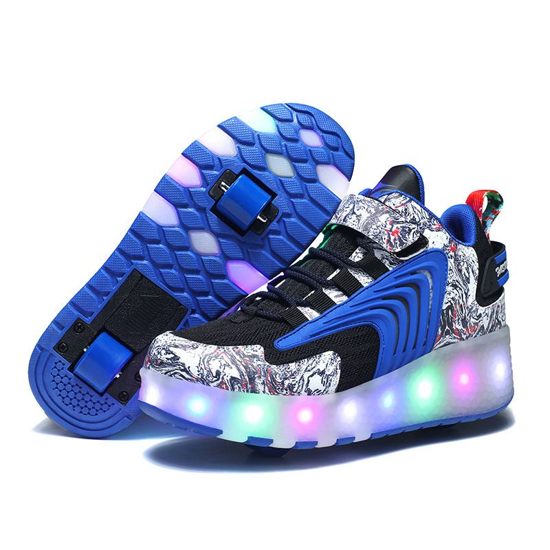 Children's Men's Adult Double Roller Skating Shoes Breathable Mesh Skating Shoes PU LED Light Emitting Shoes