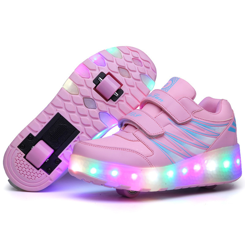 Children's Men's Adult Double Roller Skating Shoes Breathable Mesh Skating Shoes PU LED Light Emitting Shoes