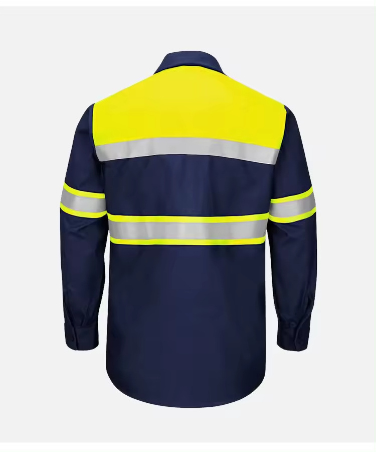 Two Tone Short Sleeve Safety Work Shirt Reflective Workwear 100% Cotton Yellow Navy Safety Shirts With Hi Vis Tapes