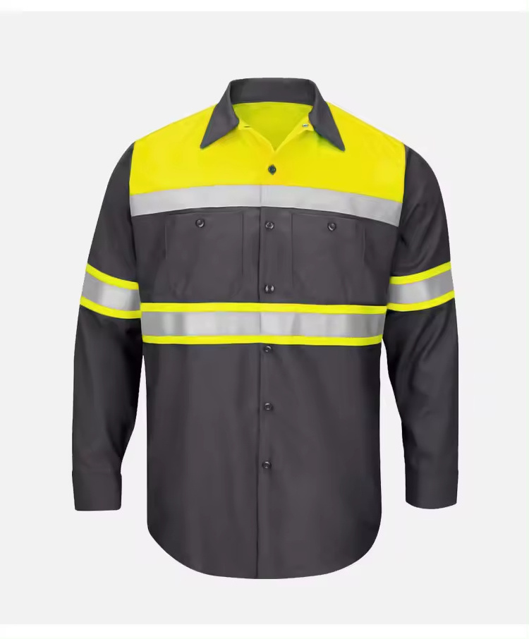 Two Tone Short Sleeve Safety Work Shirt Reflective Workwear 100% Cotton Yellow Navy Safety Shirts With Hi Vis Tapes