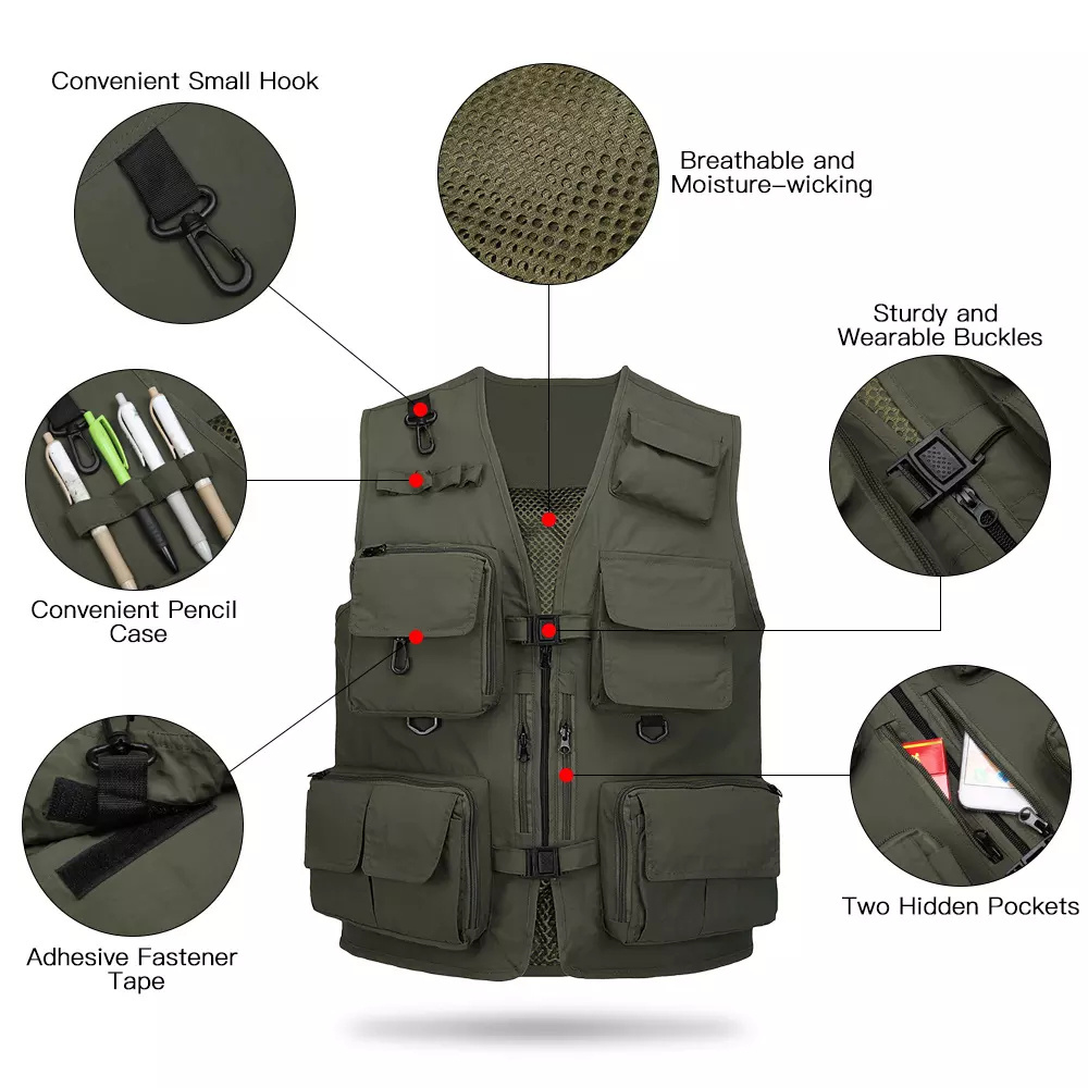 Custom Printed Logo Men's Utility Hiking Workwear Tool Men Multi Pockets Breathable Work Mesh Vest