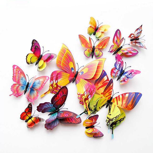 12 PCS/Set  3 D Butterfly Wall Decals Stickers Decoration for Wedding Paper Butterflies Cup Card Festival Party Art Decorations