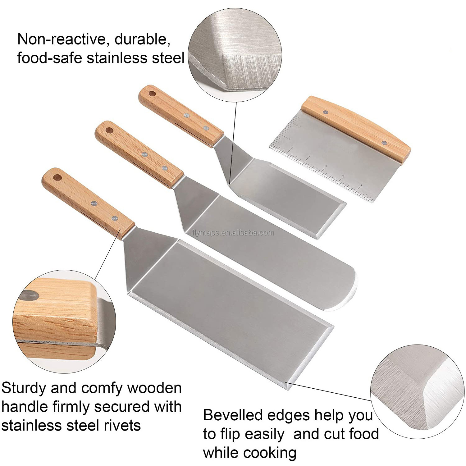 2023 Top Seller Stainless Steel Teppanyaki Spatula Set Griddle Scraper Flat BBQ Spatula Pancake Flipper Hamburger Turner