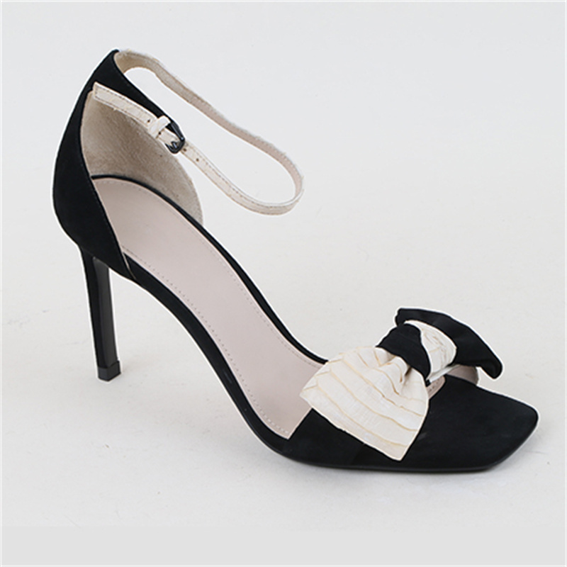 Fancy women heel sandals genuine leather thin black heel 7cm Open toe strap sllingback bowknot wedding  mature sexy ladies shoes