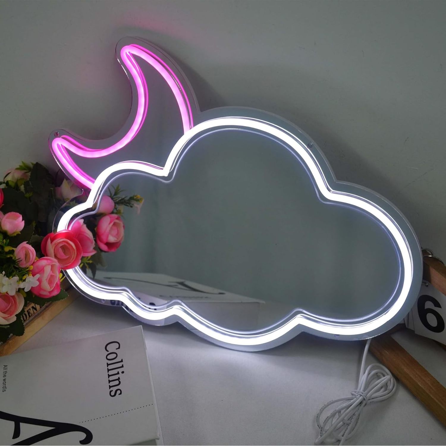 LED Neon Lights Mirror Lively White Cloud Pink Moon Unique Room Decor Adjustable Brightness USB-Powered Home Decor