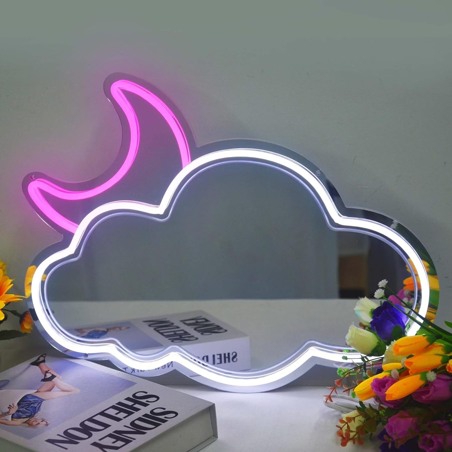 LED Neon Lights Mirror Lively White Cloud Pink Moon Unique Room Decor Adjustable Brightness USB-Powered Home Decor