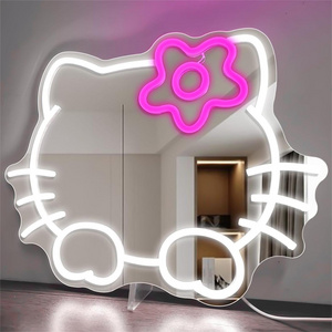 Anime Hello Kit Mirror Neon Sign Dimmable LED Neon Light Mirror Sign Bedroom Wall Decor Kid Girl Dresser Indoor Room Home Decor