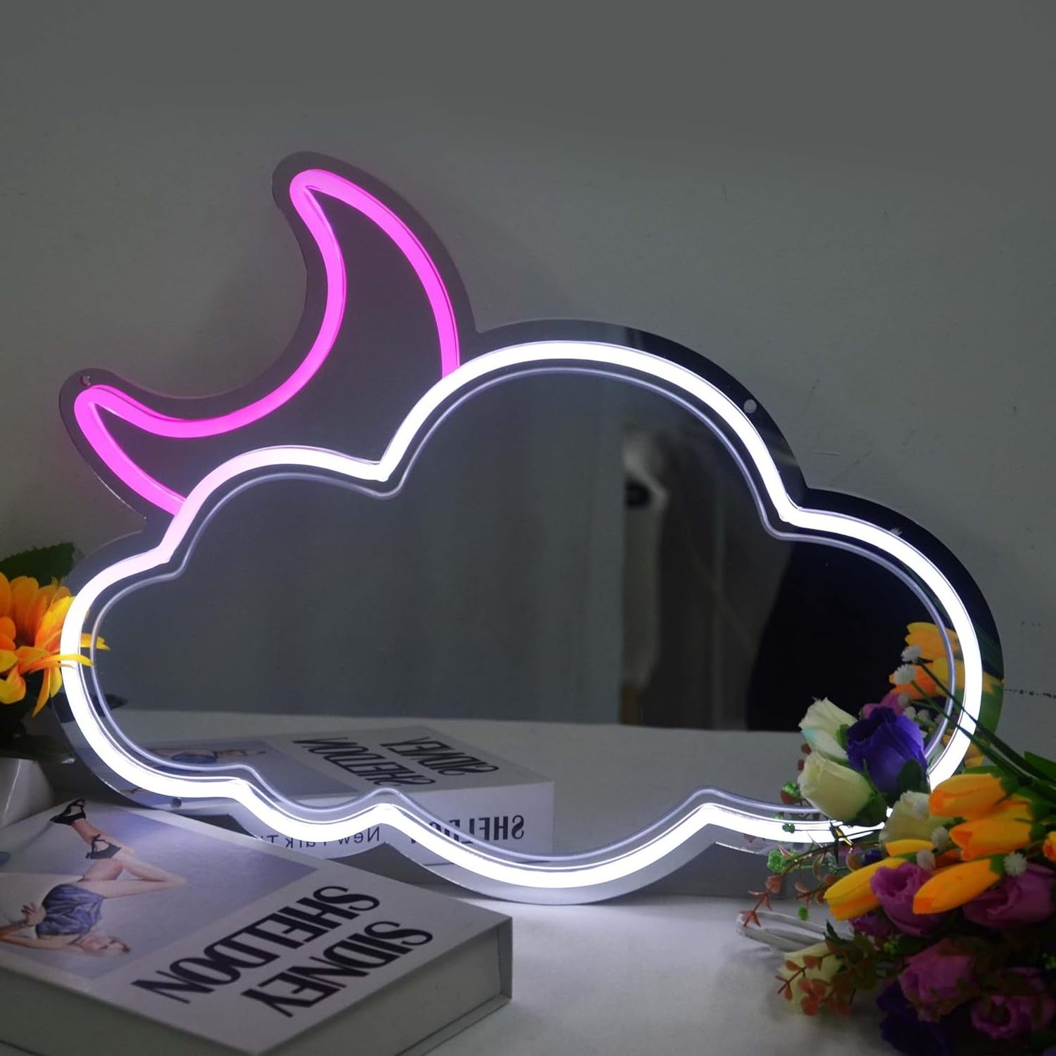 LED Neon Lights Mirror Lively White Cloud Pink Moon Unique Room Decor Adjustable Brightness USB-Powered Home Decor