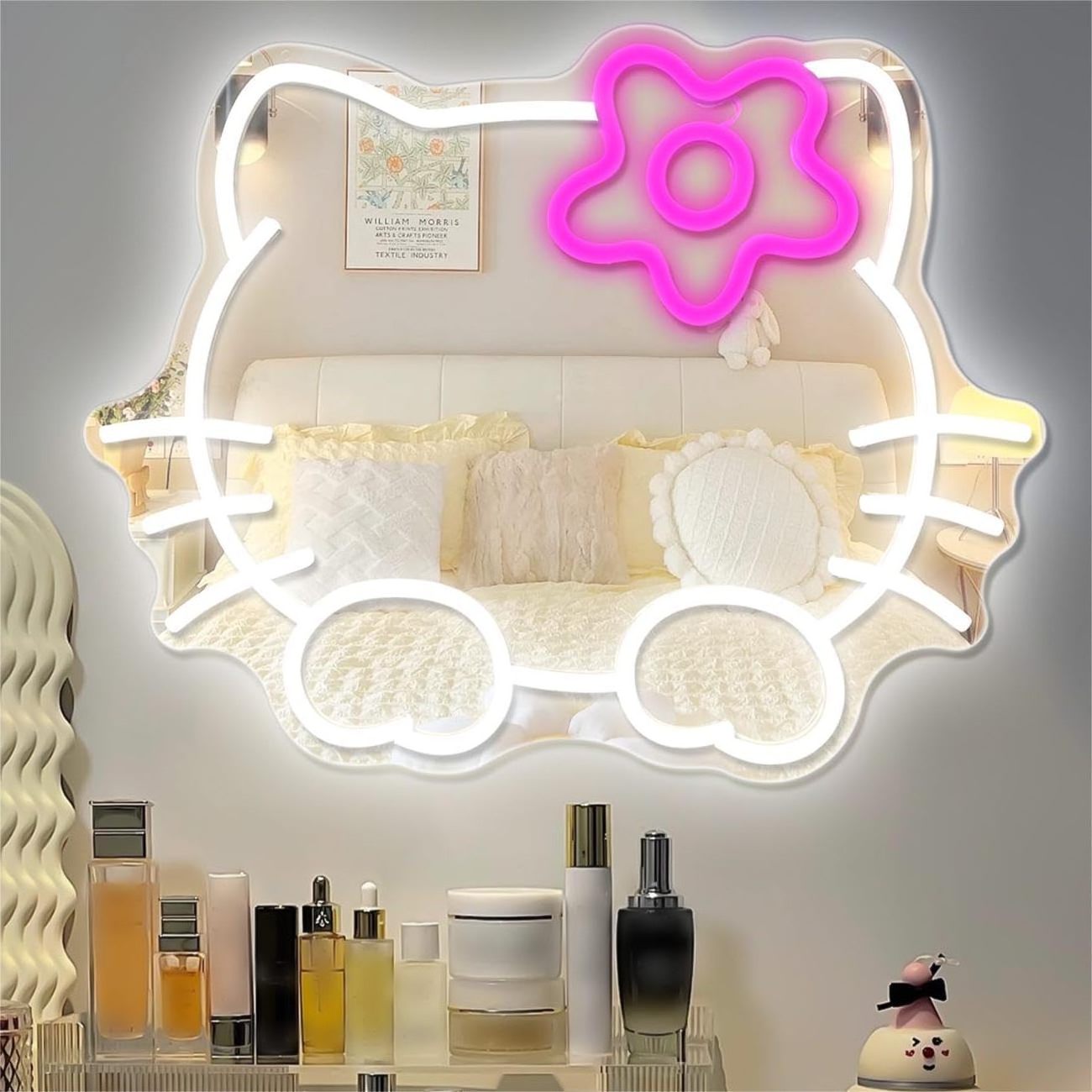 Anime Hello Kit Mirror Neon Sign Dimmable LED Neon Light Mirror Sign Bedroom Wall Decor Kid Girl Dresser Indoor Room Home Decor