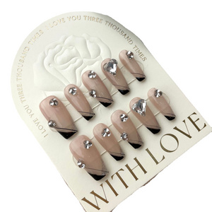 Custom Luxury French Coffin Almond Press On Nails Handmade Press on Nails Medium Length French Designer 3D Press on nails