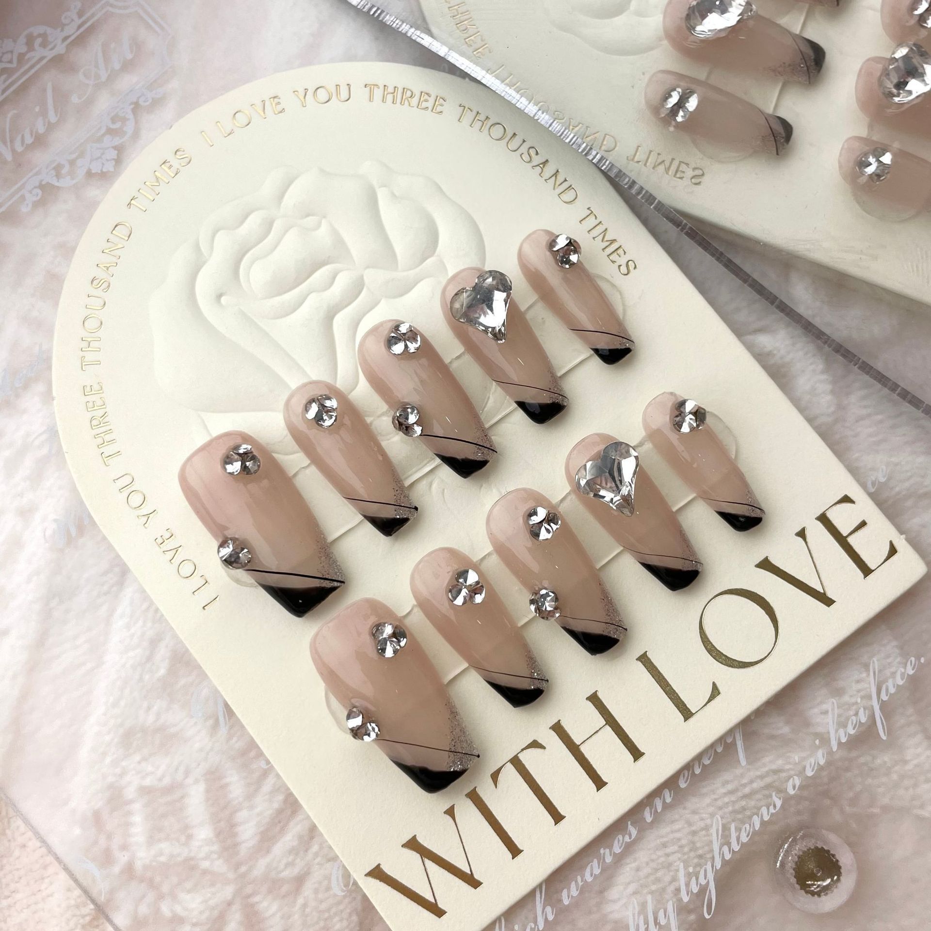 Custom Luxury French Coffin Almond Press On Nails Handmade Press on Nails Medium Length French Designer 3D Press on nails