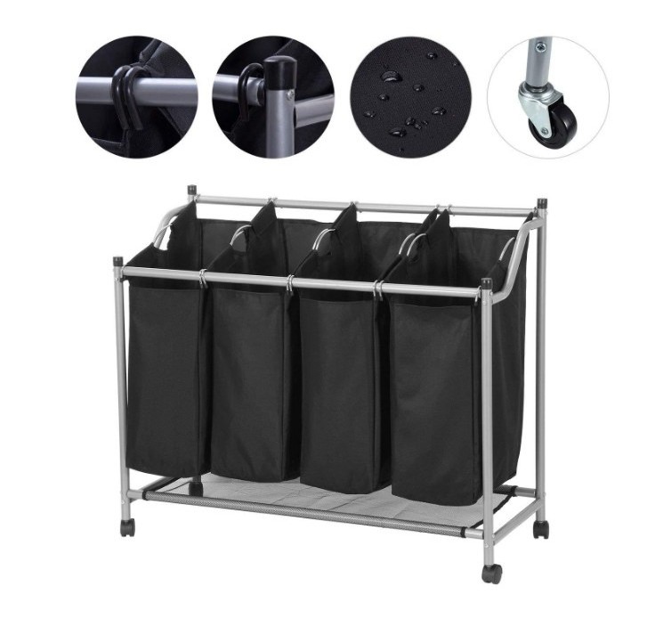 Black Heavy Duty Large Capacity 4 Bags Rolling Laundry Storage Cart on Wheels