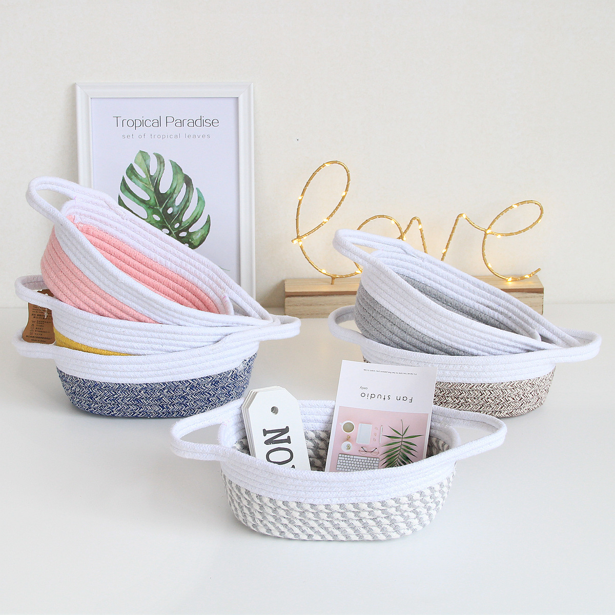 High Quality Nordic Desktop Cotton rope woven  basket Storage Basket organizer With Rope Handles