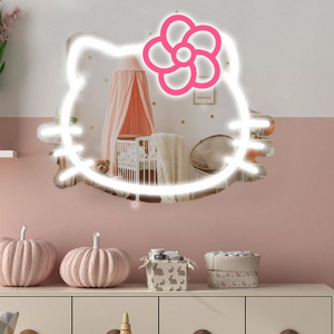 Cute Cat Mirror Neon Sign for Room Decor, Battery Operated & Adjustable Brightness Neon Sign