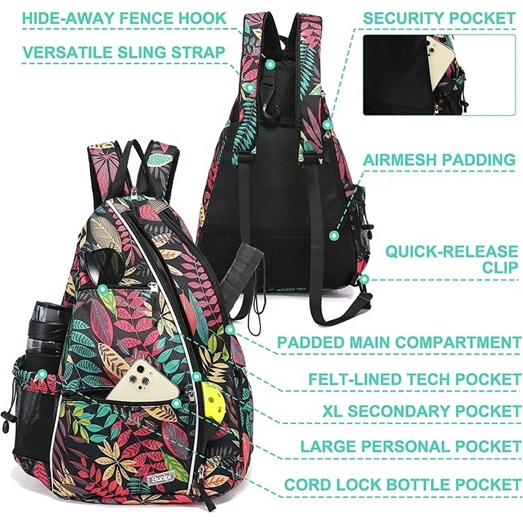 Custom Colored Leaves Durable Sports Large Capacity Waterproof Pickleball Sling Bag Pickleball Tennis Backpack For Women Men