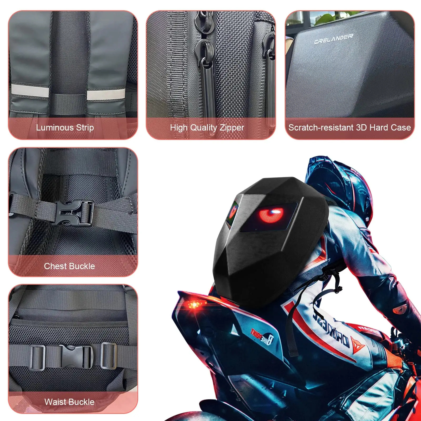 Custom 2023 Fashion Mens LED Knight Backpack Waterproof Hard Shell Laptop Motorcycle Backpack Travel Bag LED Backpack Eyes