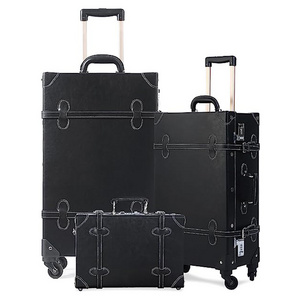 20in+12in Black Vintage Luggage Set 2 Piece Retro Suitcase with Spinner Wheels Carry On Train Case for Women Men