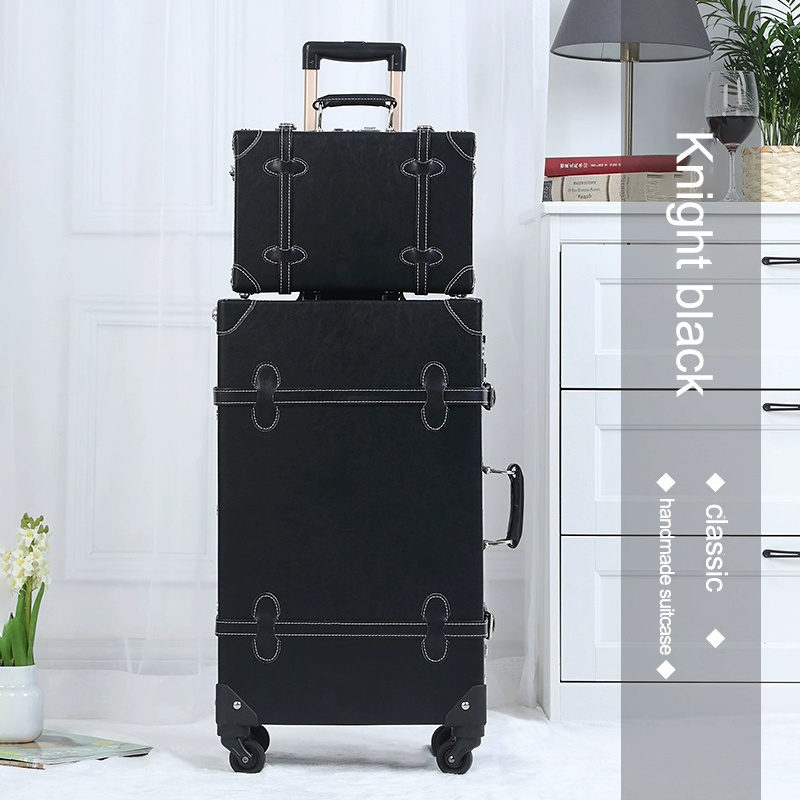 20in+12in Black Vintage Luggage Set 2 Piece Retro Suitcase with Spinner Wheels Carry On Train Case for Women Men