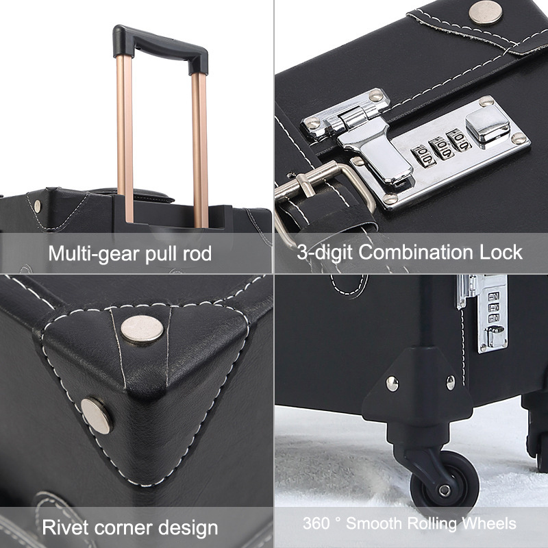 20in+12in Black Vintage Luggage Set 2 Piece Retro Suitcase with Spinner Wheels Carry On Train Case for Women Men