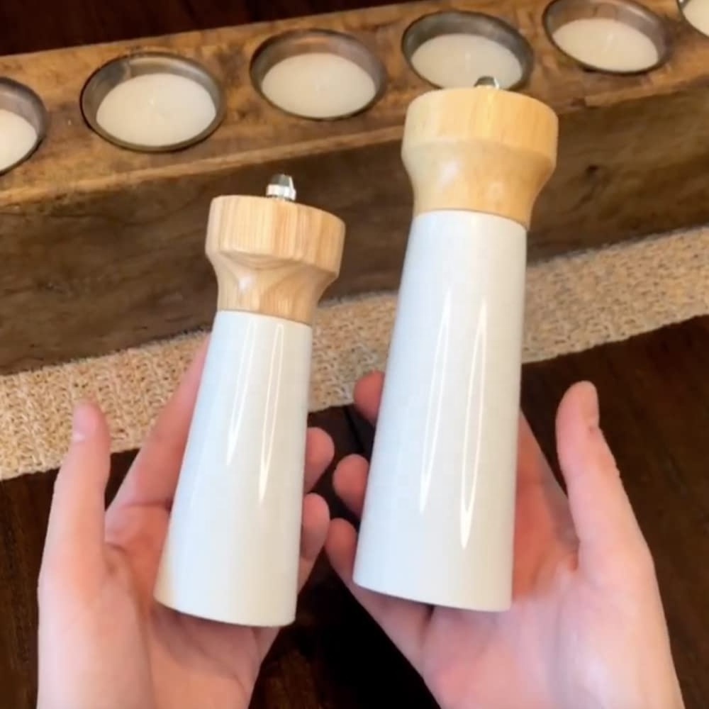 FLYWOD kitchen accessories spice milling tools rubber wood salt and pepper shaker mill white wooden salt and pepper grinder set