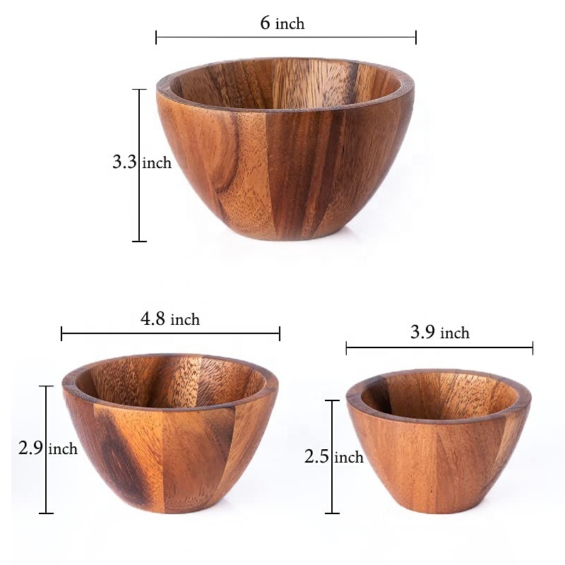 Rustic small large thick kitchen wooden dough soup fruit salad salad mixing bowl set with spoon wholesale acacia wood salad bowl