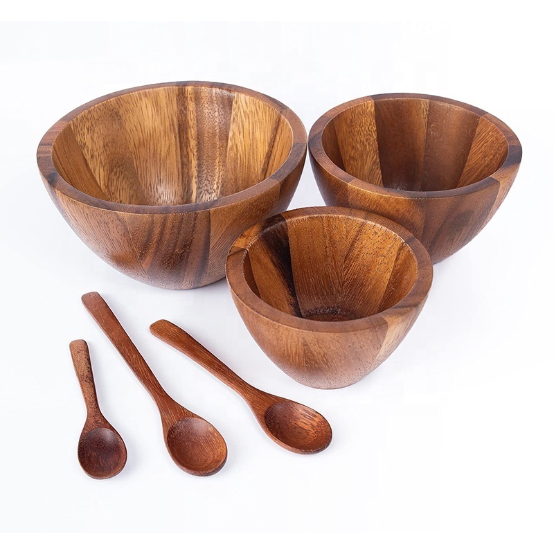 Rustic small large thick kitchen wooden dough soup fruit salad salad mixing bowl set with spoon wholesale acacia wood salad bowl