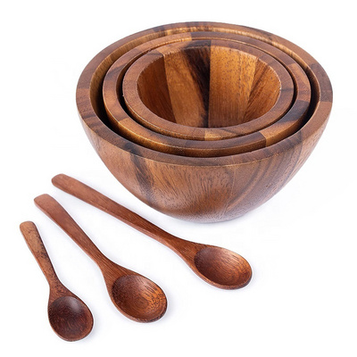 Rustic small large thick kitchen wooden dough soup fruit salad salad mixing bowl set with spoon wholesale acacia wood salad bowl