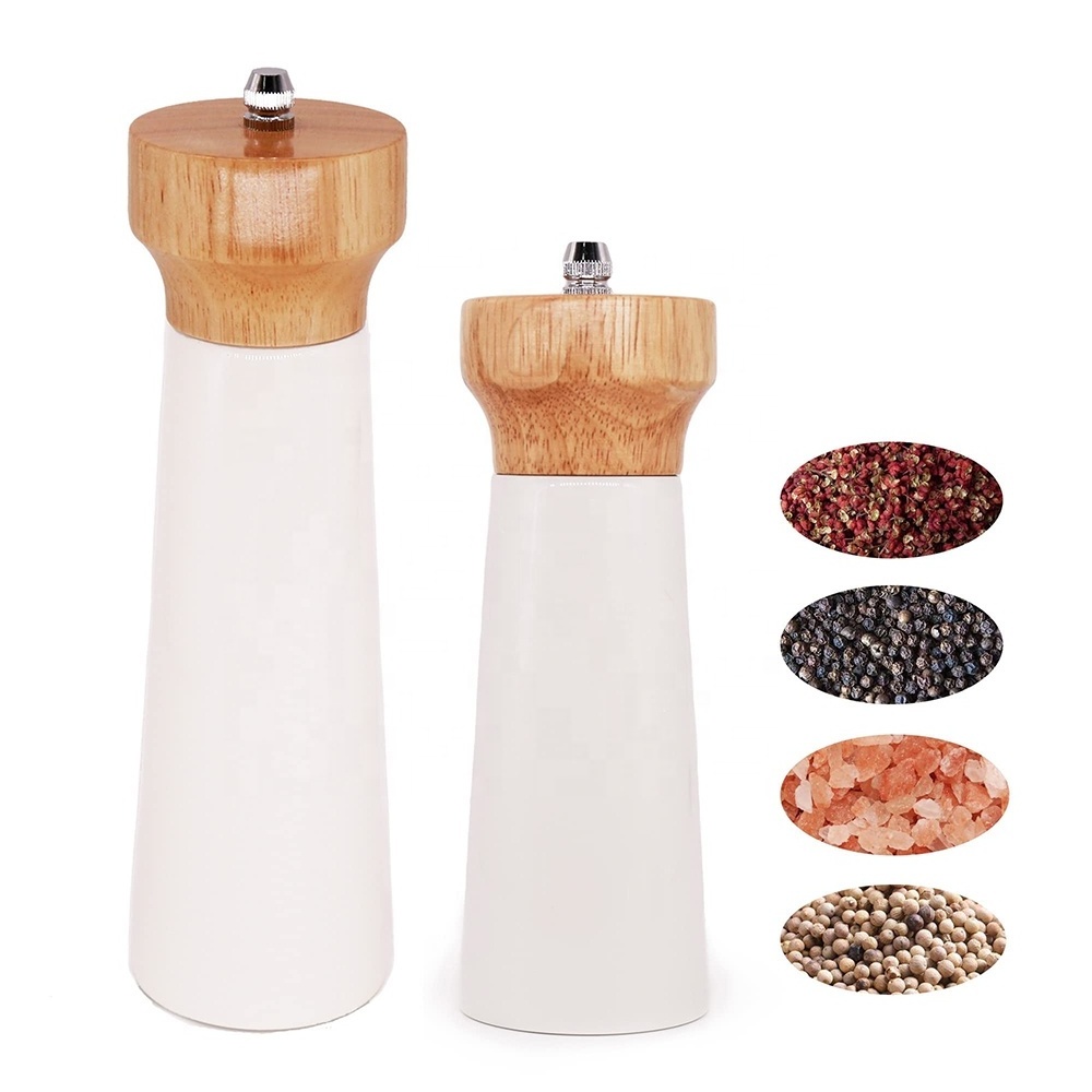 FLYWOD kitchen accessories spice milling tools rubber wood salt and pepper shaker mill white wooden salt and pepper grinder set