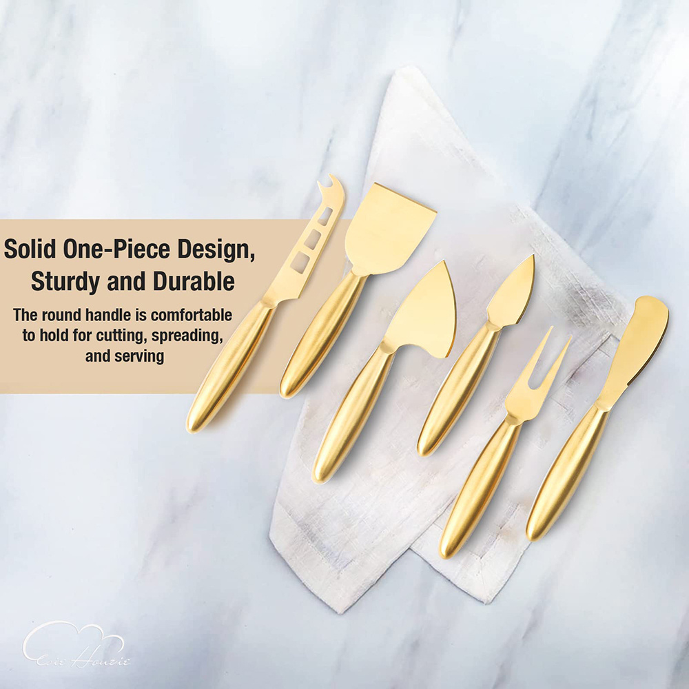 FLYWOD kitchen suppliers 6pcs cheese knives fork butter spreader sey cutter gold stainless steel cheese knife set