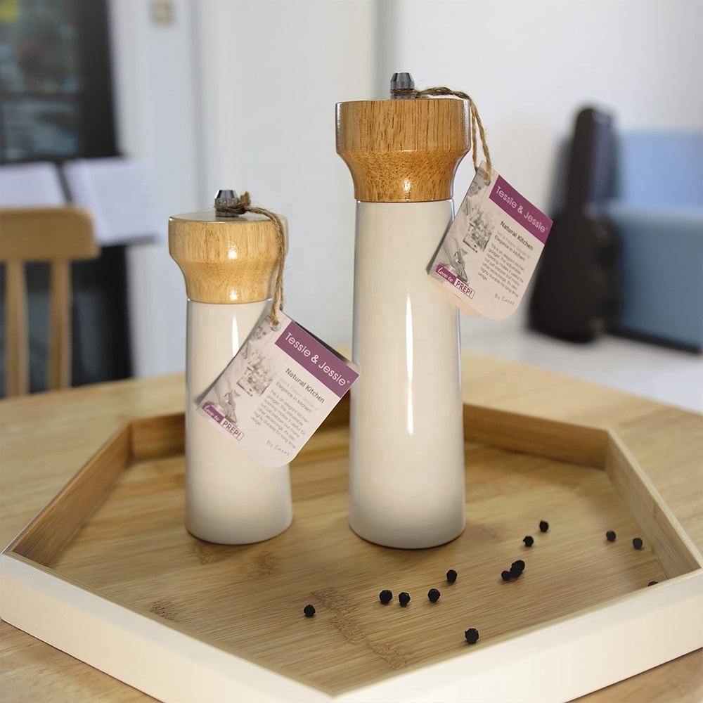 FLYWOD kitchen accessories spice milling tools rubber wood salt and pepper shaker mill white wooden salt and pepper grinder set