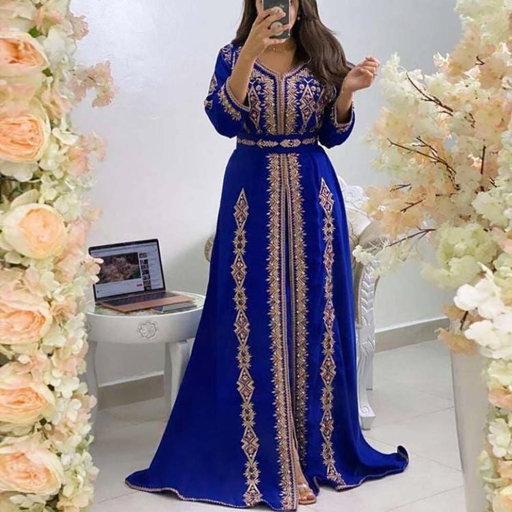 2022 New Design Abaya Dubai Women Muslim Robe Skirt Middle Eastern Women's Elegant Embroidered Evening Dress Arabian Long Sleeve