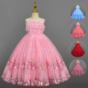 Elegant Princess Lace Dress Kids Flower Embroidery Dresses For Girls Vintage Children Dresses For Christmas Party Red Ball Gown