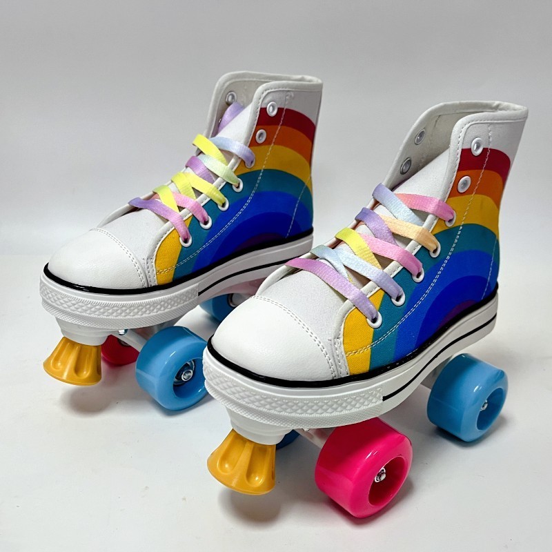 Rainbow White Roller Skate Runner Inline Four Wheels Flashing Roller Skating Shoes for 13 Years Old