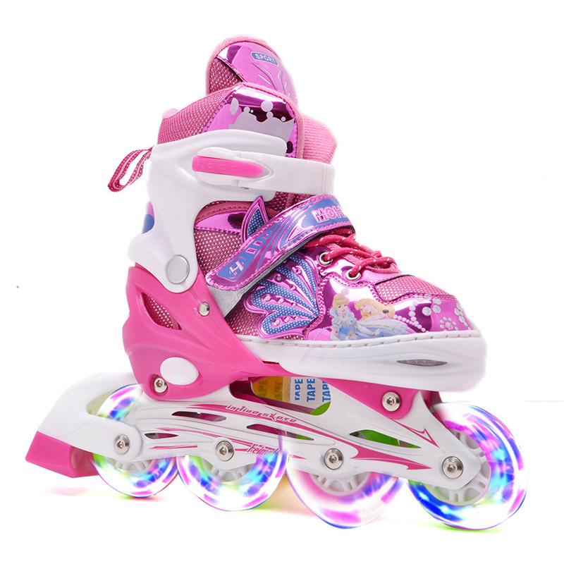 Hot Sales Kids Girls Adjustable Flashing Pink Aggressive Inline Skates Suit Professional 4 Wheels Inline Hockey Skate