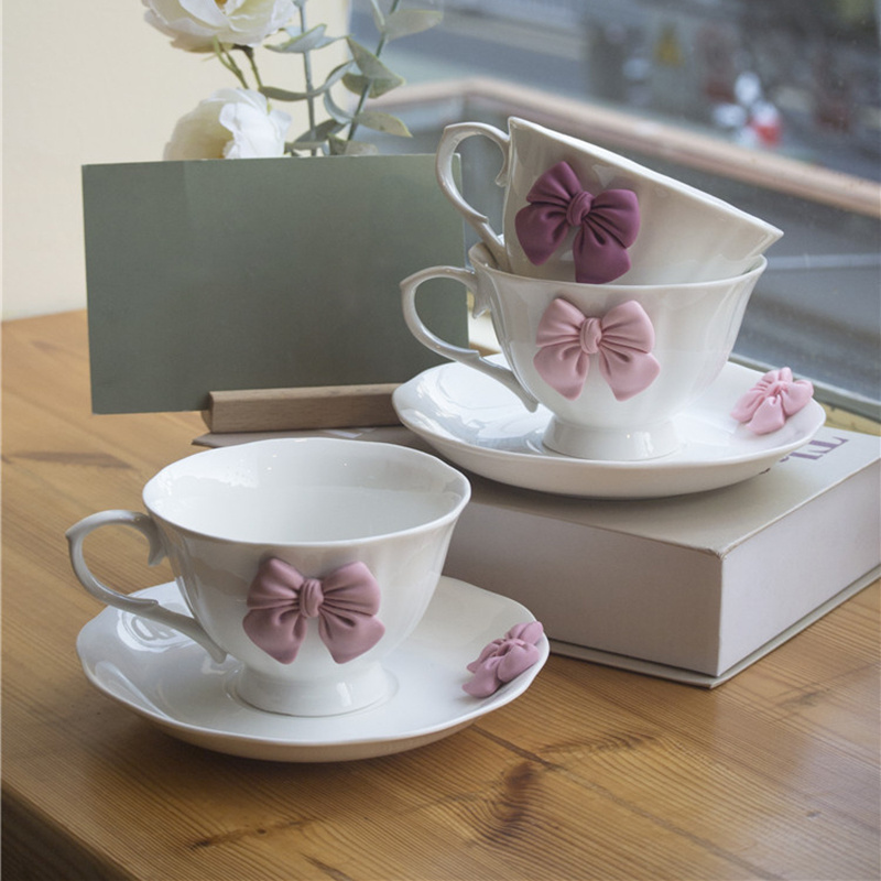 Wholesale Creative Handmade Coffee Cup Bows Nordic Simple Ceramic Coffee Mug with Saucer