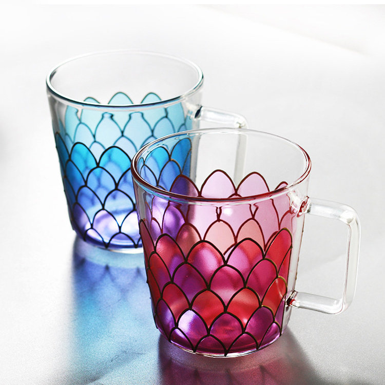 Fish Scales Mugs Tea Cup Rainbow Gradient Mermaid Glass Mug for Office and Home