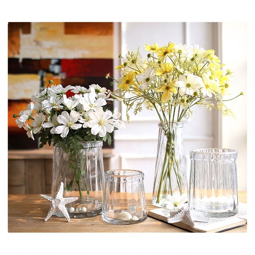 Vases Clear Ribbed Handblown Glass Flower Jar Vase Folded Rim Decor Candleholder Table Decoration Centerpieces